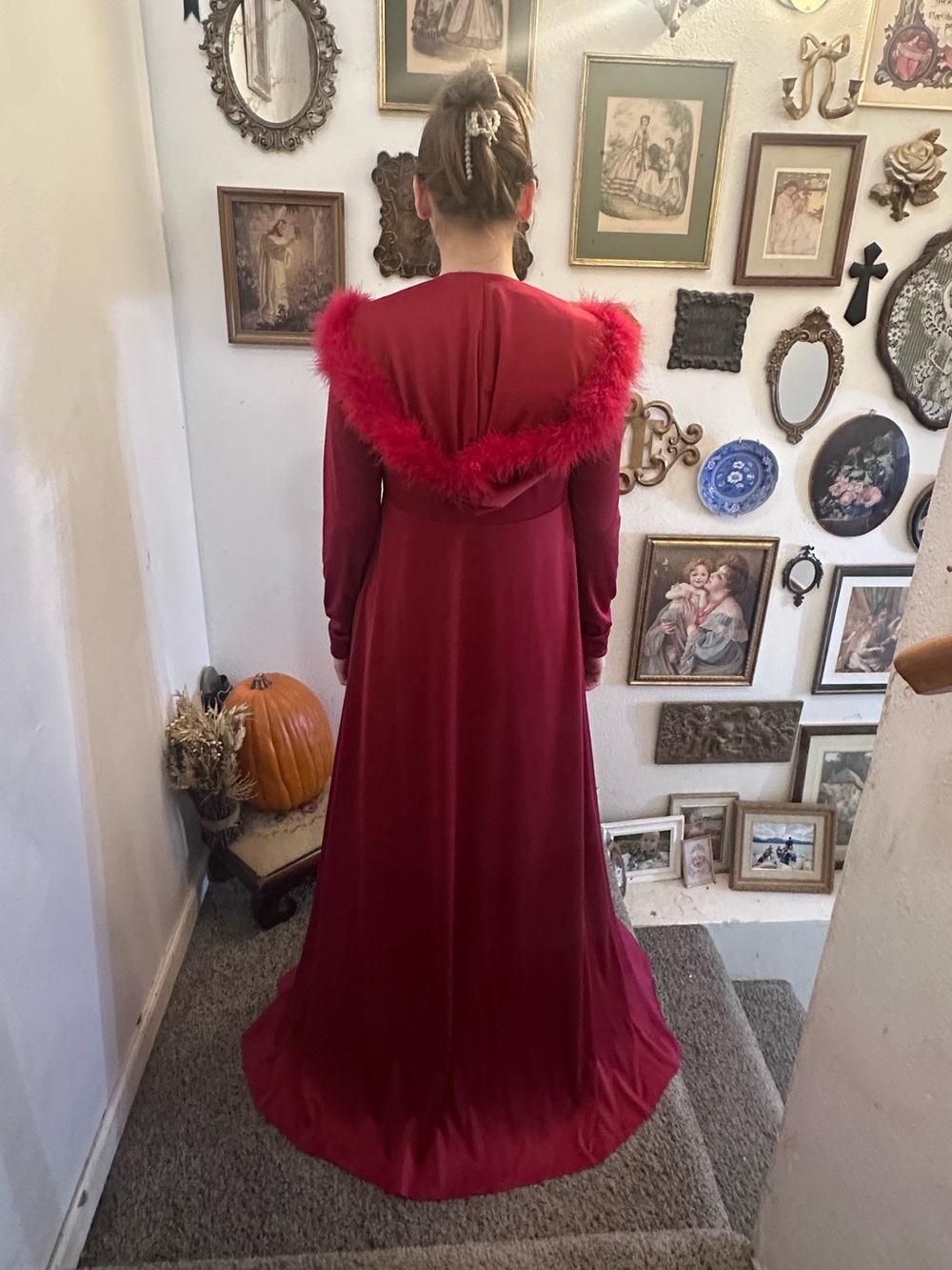 Vintage dress with hooded jacket feather trimmed long maxi dress